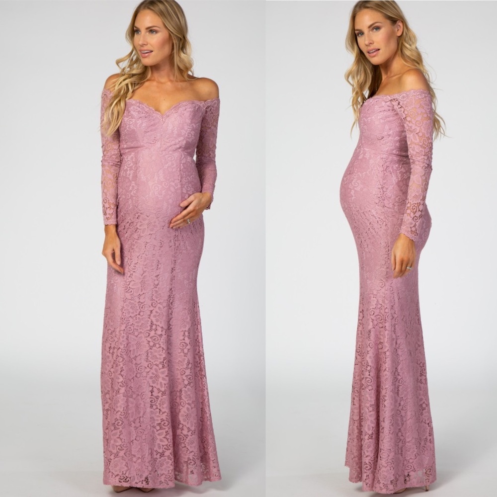 Pinkblush Mauve Pink Sweetheart Neckline Lace Off Shoulder Maternity Maxi Dress